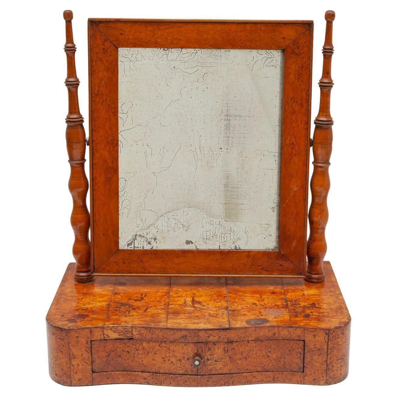 Antique Biedermeier Vanity Table Mirror In Burlwood, 19th Century, Germany