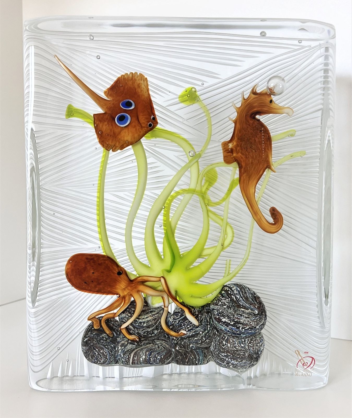 Italian Murano Glass Aquarium With Sea Animals, Signed