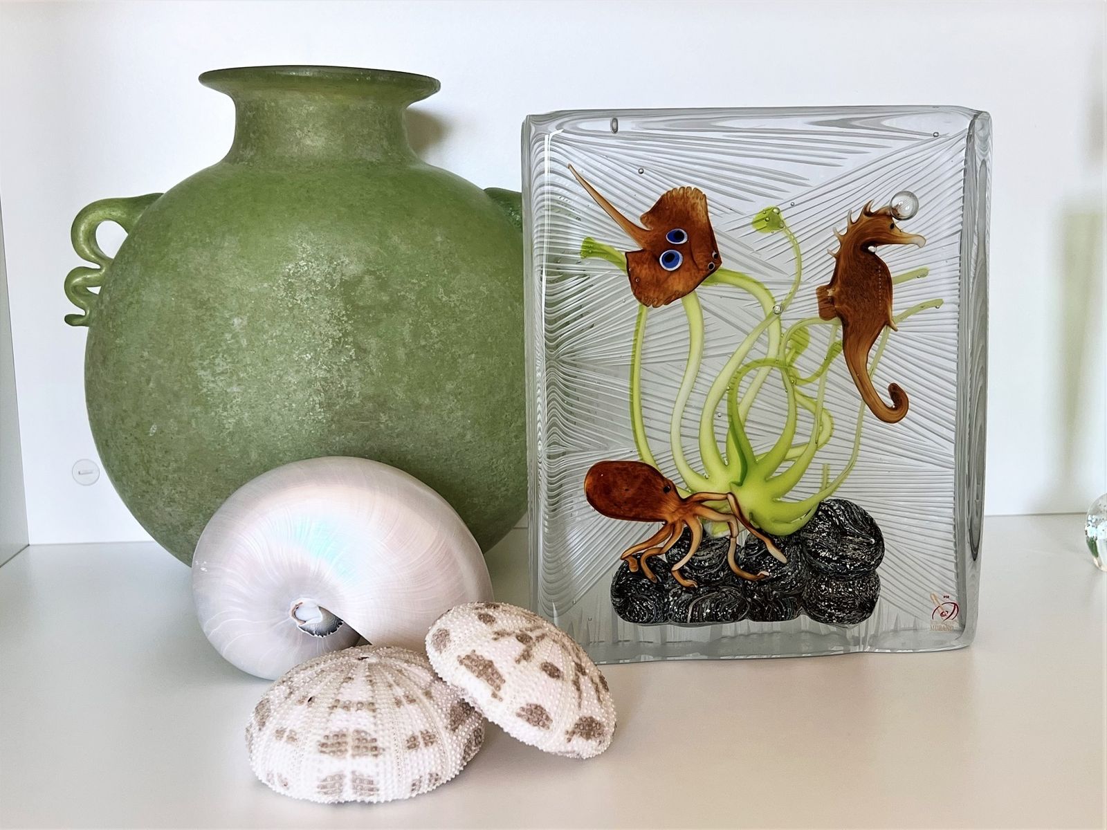 Italian Murano Glass Aquarium With Sea Animals, Signed photo furniture