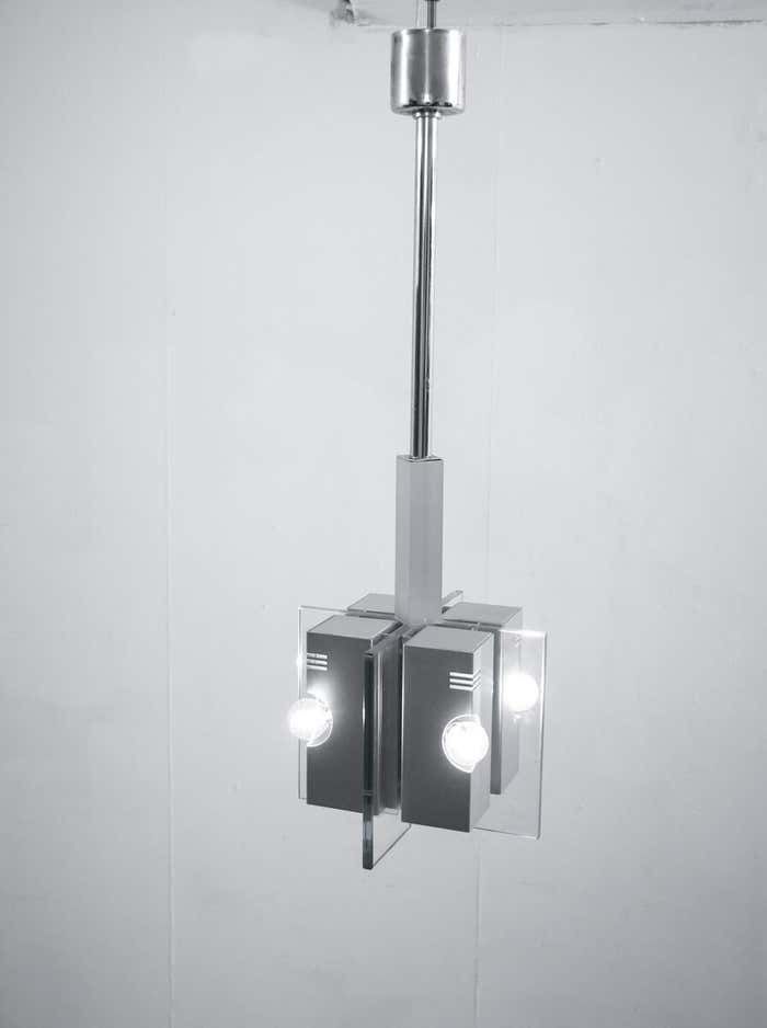Mid Century Mordern Suspension, Metal And Glass Structure, Italian, 1970s photo vinterior