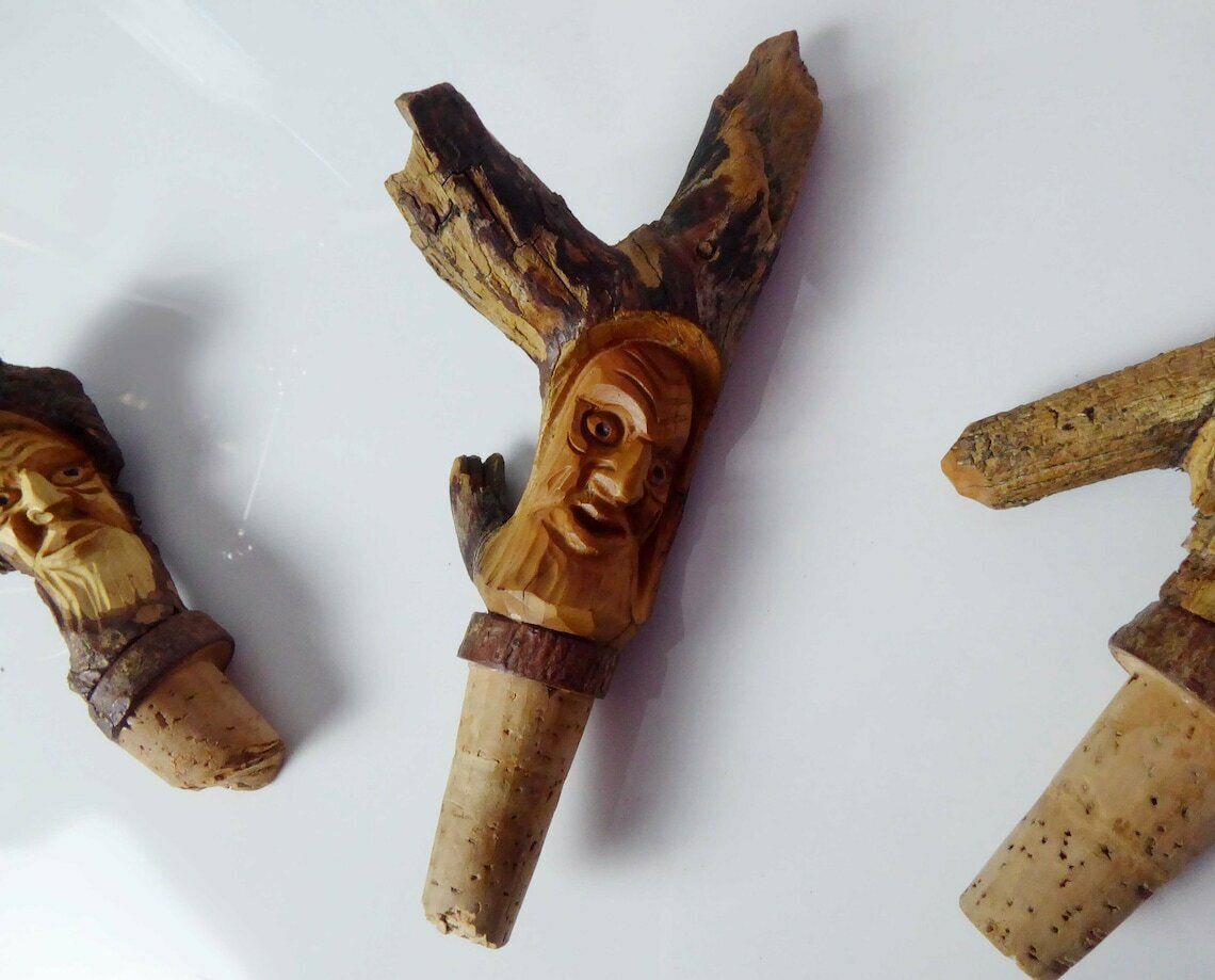 Vintage Carved Wooden Bottle Stopper | Novelty Character Bottle Stoppers photo vinterior