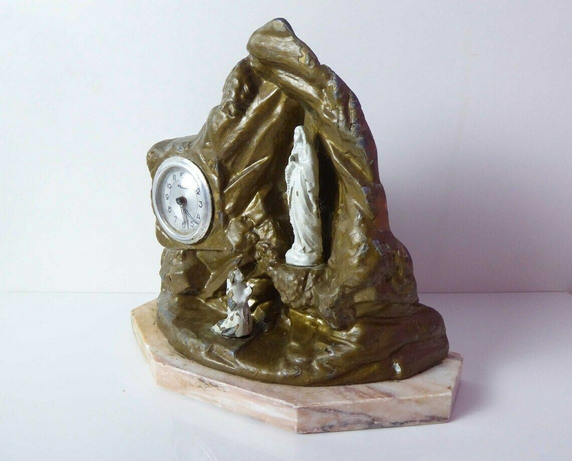 The Miracle Of Lourdes | Antique Pewter Religious Sculpture With Clock | Souvenir Of Lourdes photo for sale