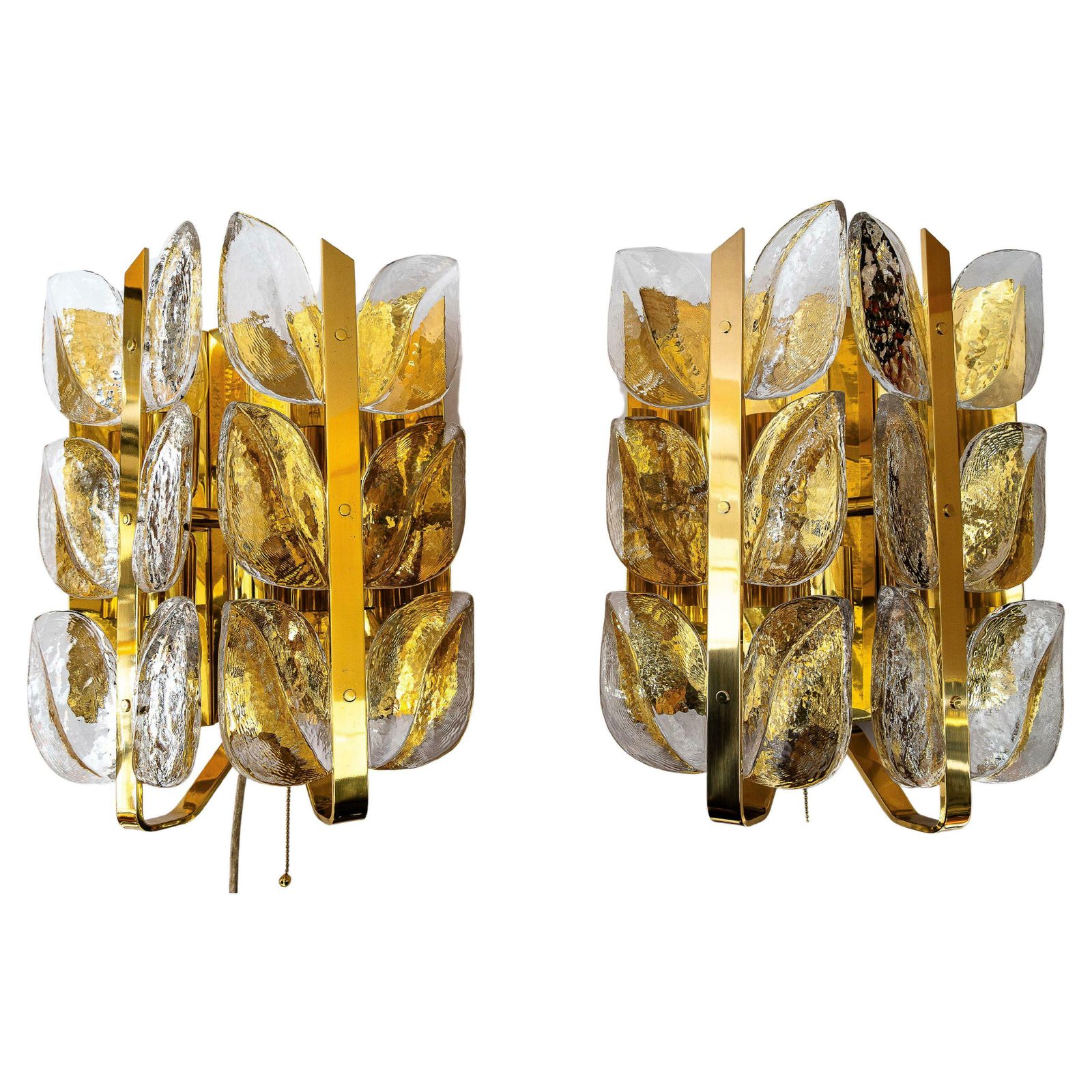 Two Mid   Century Modern "Florida" Wall Lamps By Kalmar, Glass And Brass, 1970s