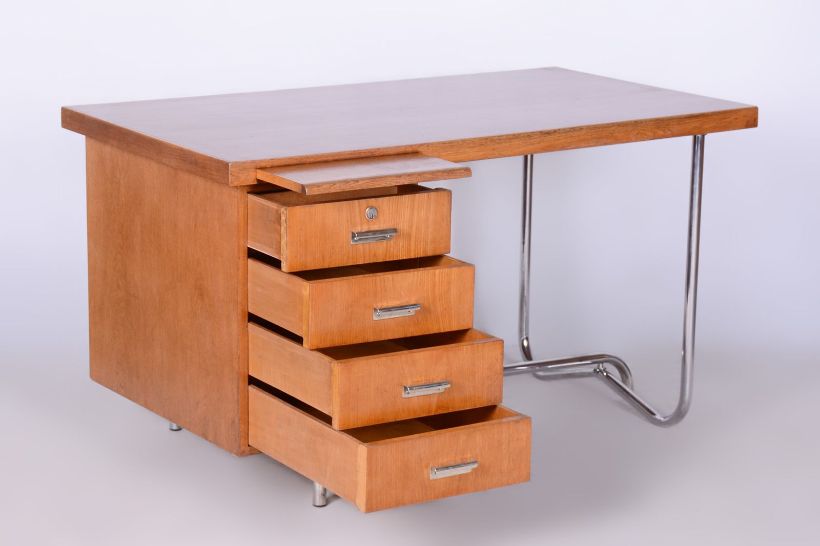 Restored Pair Of Oak Writing Desks, Hynek Gottwald, Chrome, Czechia, 1930s photo vinterior