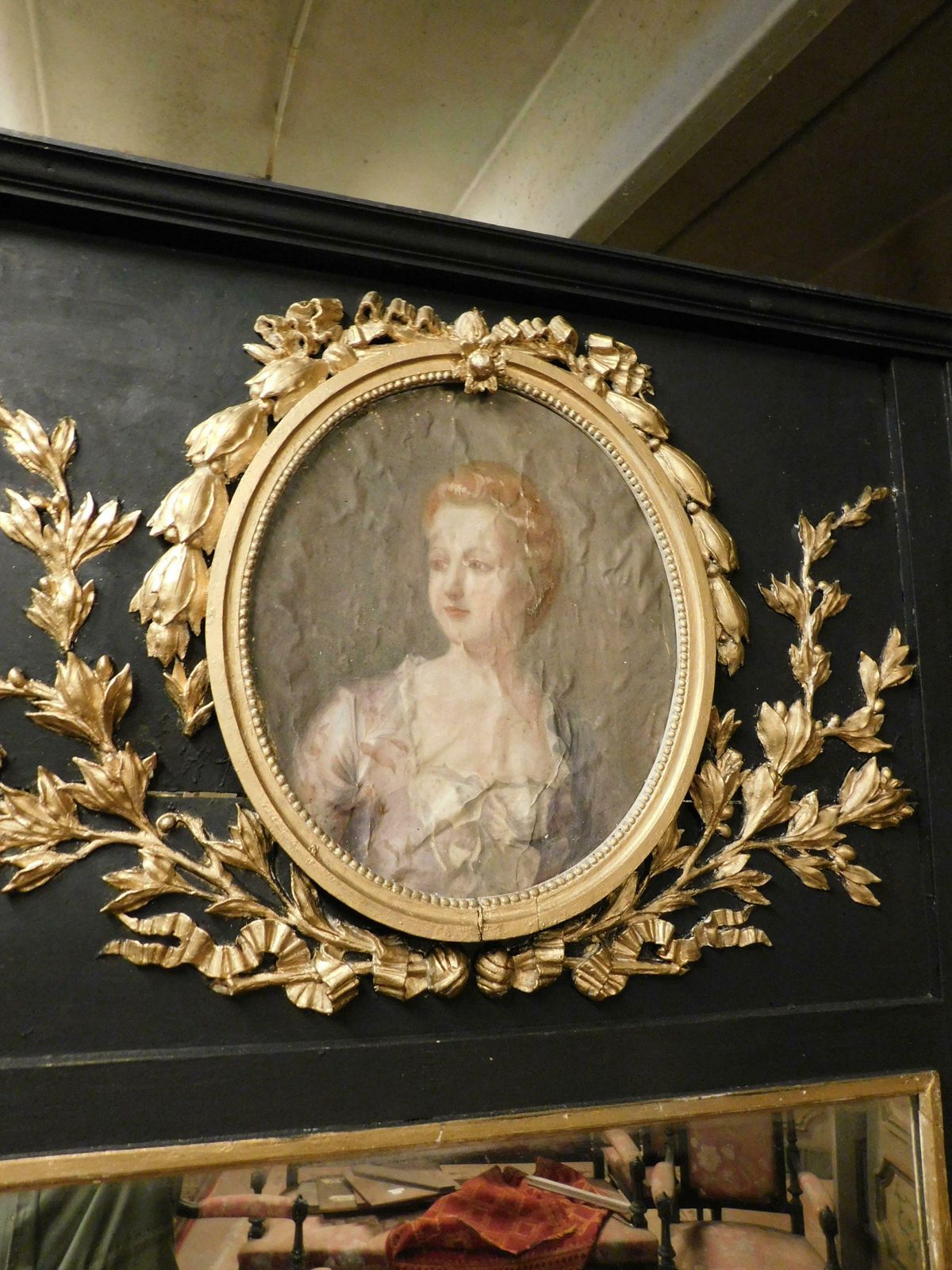 Big Mirror Black Lacquered Wood, Gilded Carvings And Painting Dame, Italy photo 2995.0