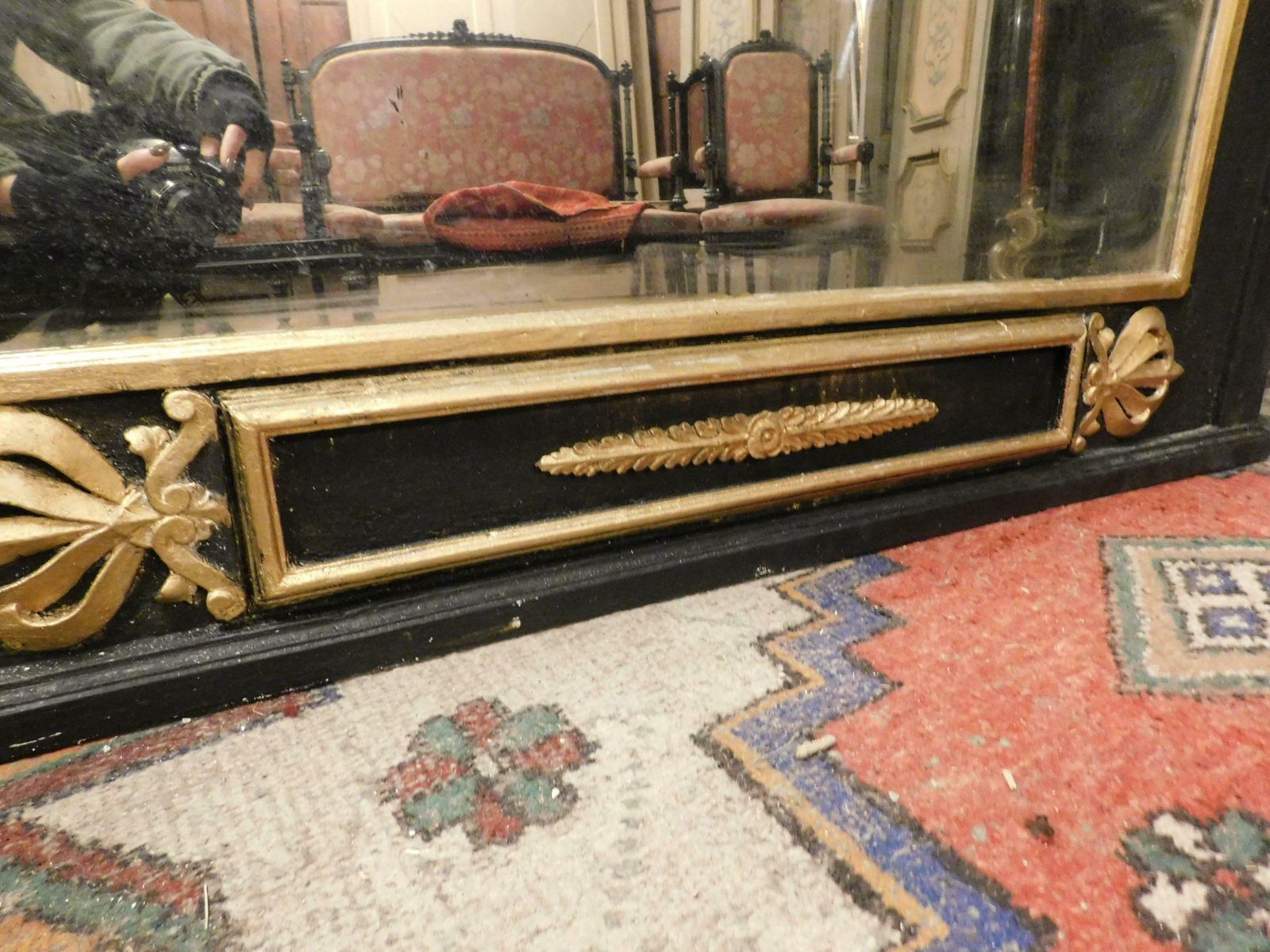 Big Mirror Black Lacquered Wood, Gilded Carvings And Painting Dame, Italy photo vintage