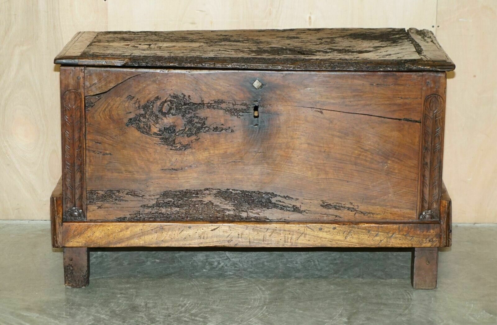 Antique 18th Century Six Plank Heavily Burred Chestnut Wood Trunk Chest photo for sale