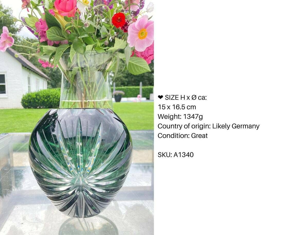 Cut Crystal Large Vase (1pcs) | Vintage Flower Holder | Emerald Green | 1960 1980s photo 359.0