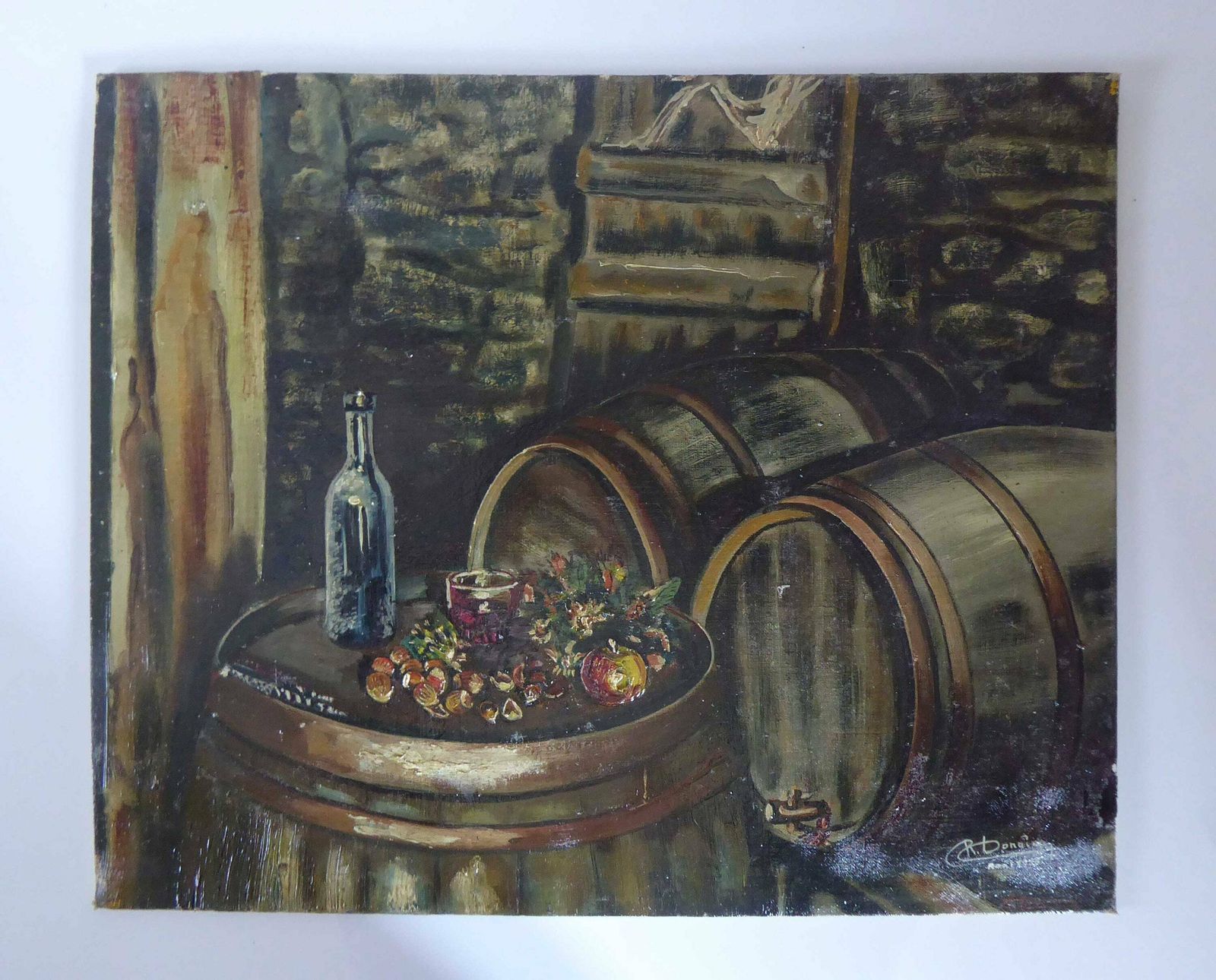 Original French Oil Painting | 1958 Art | Wine Barrels And Fruit Still Life | Signed Original Unframed Oil Painting | 1950s French Décor photo furniture