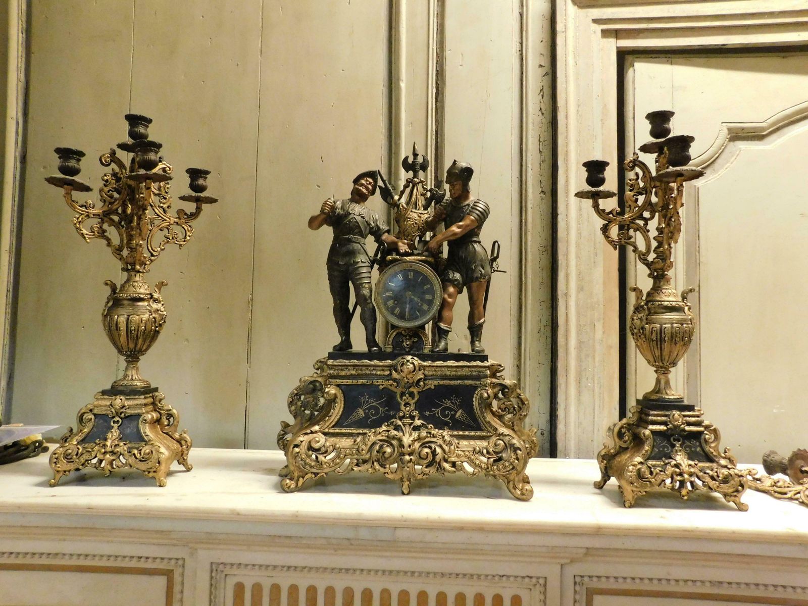 Fireplace Triptych In Bronze Formed By Clock And 2 Candlesticks, Italy photo for sale