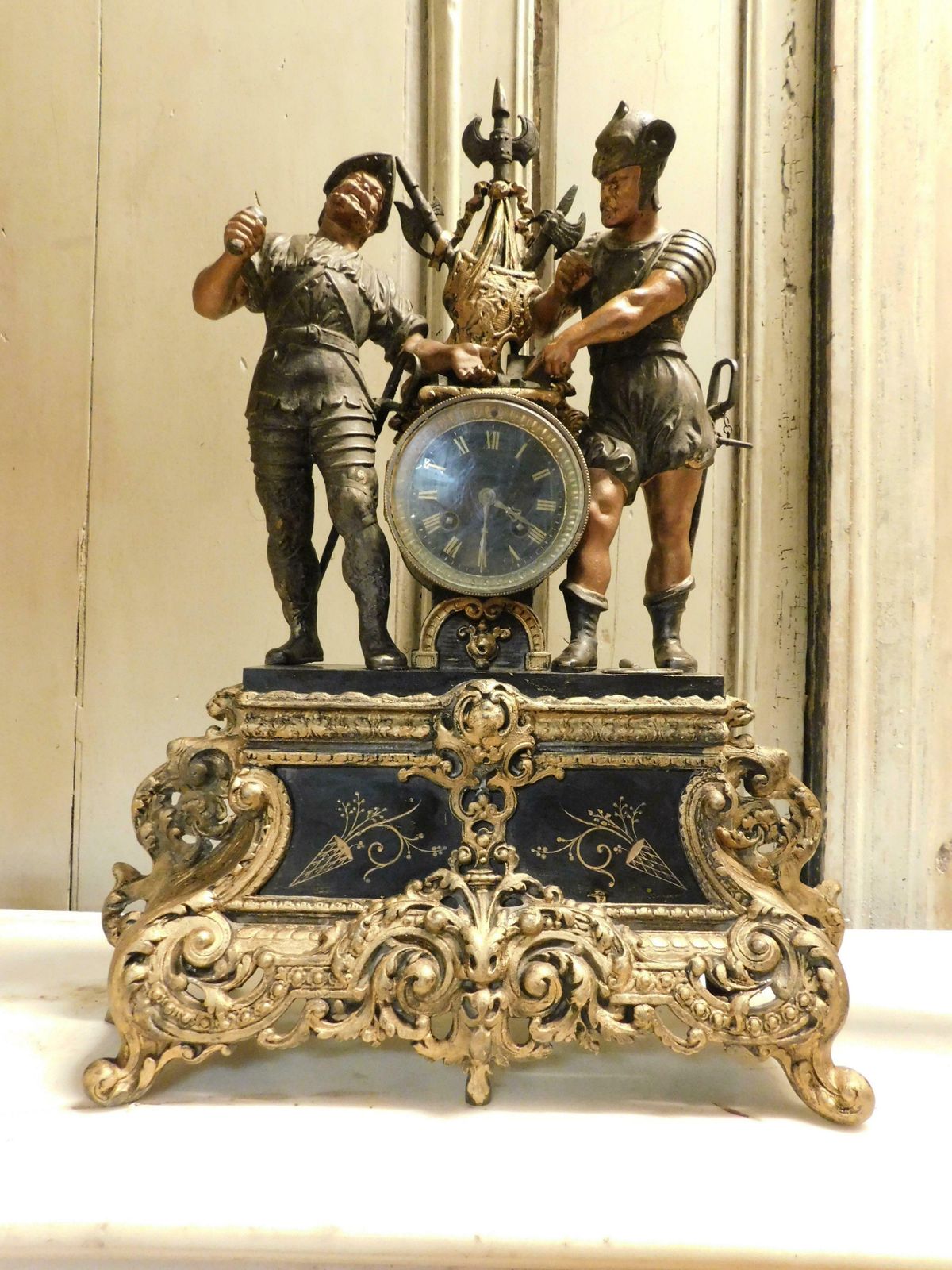 Fireplace Triptych In Bronze Formed By Clock And 2 Candlesticks, Italy photo Home Fixtures