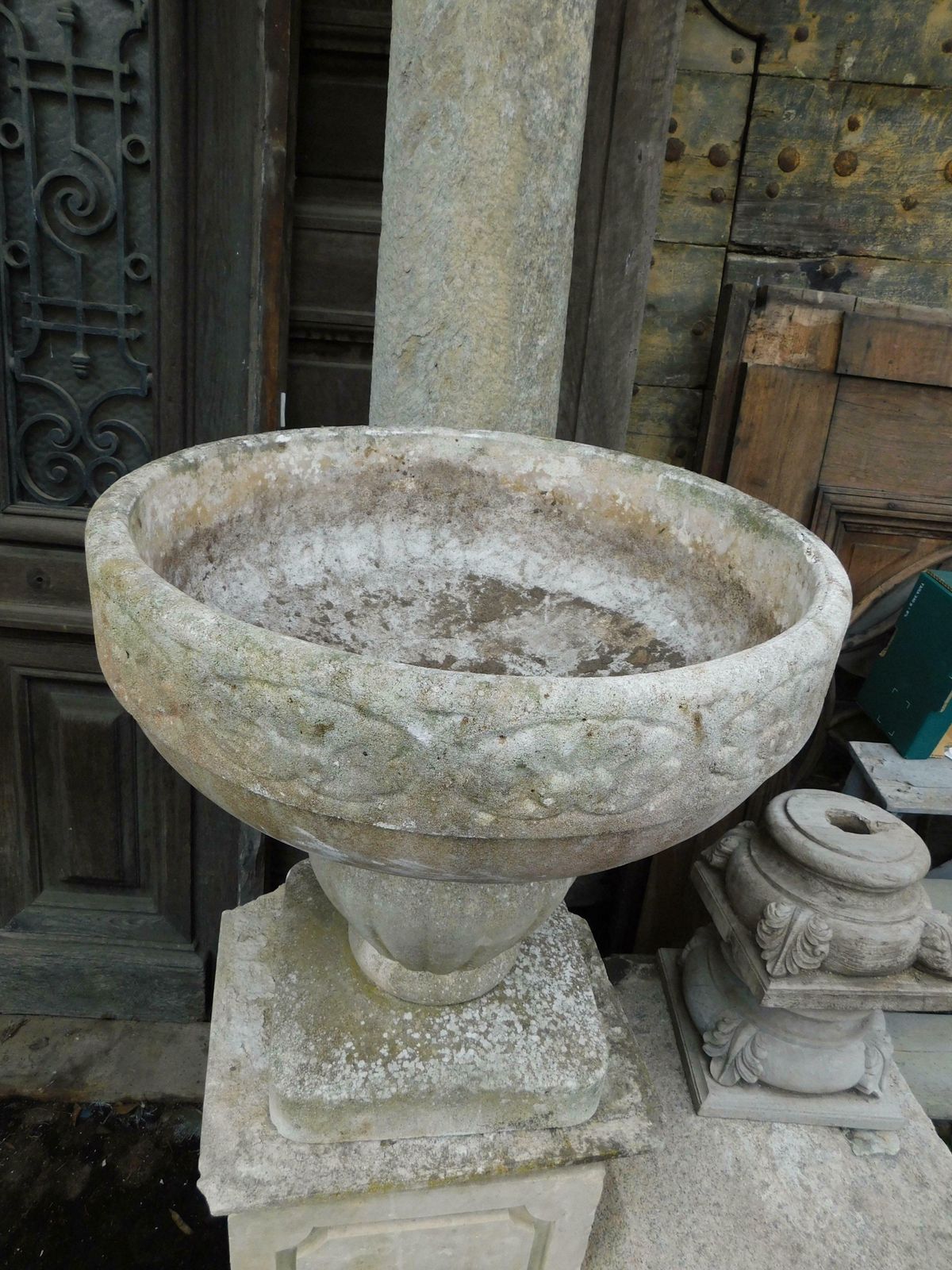 Garden Decor Old Vintage Garden Vases In Cement With Sculpted Flowers photo
