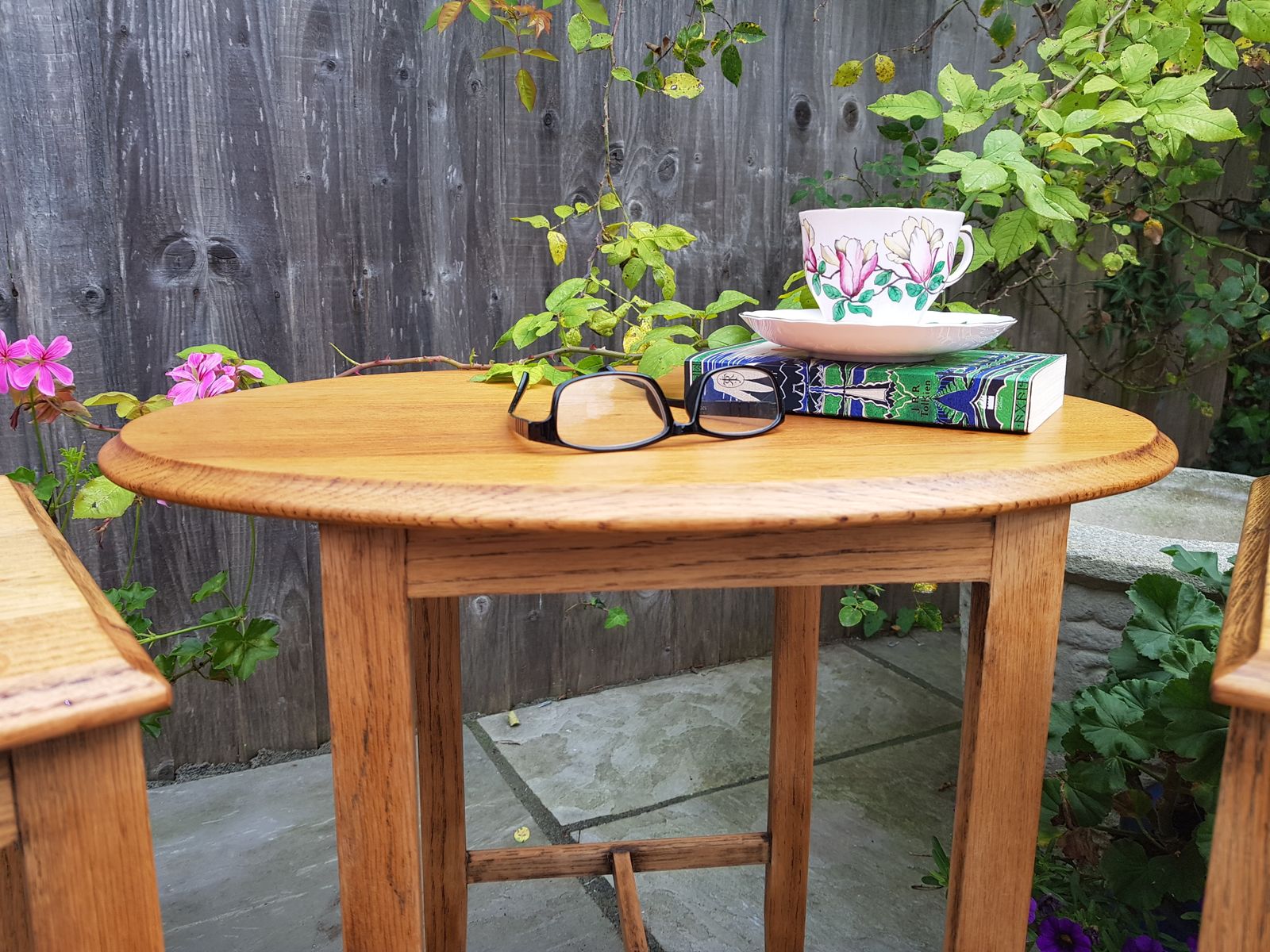 Vintage Nest Of Three Oak Tables With Beautiful Grain Markings. Bevelled Edges. Slender And Elegant Legs photo for sale