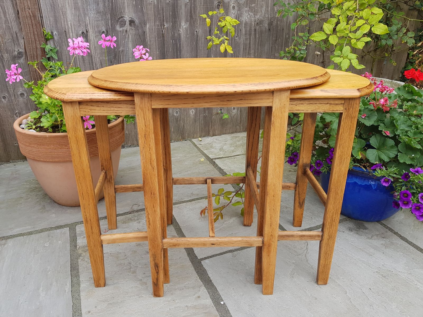 Vintage Nest Of Three Oak Tables With Beautiful Grain Markings. Bevelled Edges. Slender And Elegant Legs photo vintage