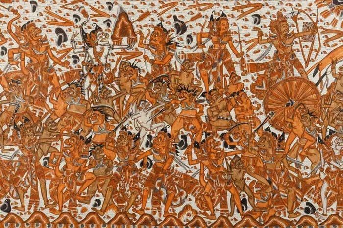 Thai Painting Depicting The War Between Heaven And Hell, Circa 1960 photo buy