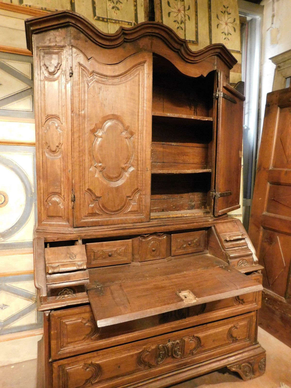 Trumeau, Double Body In Carved Walnut With Doors, Flap And Drawers, Italy photo buy