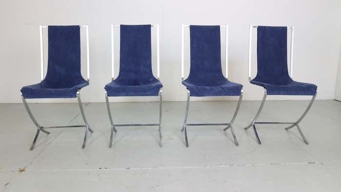 Pierre Cardin Set Of 4 Dinning Chairs Velvet& Steel For Maison Jansen, 1970 photo for sale
