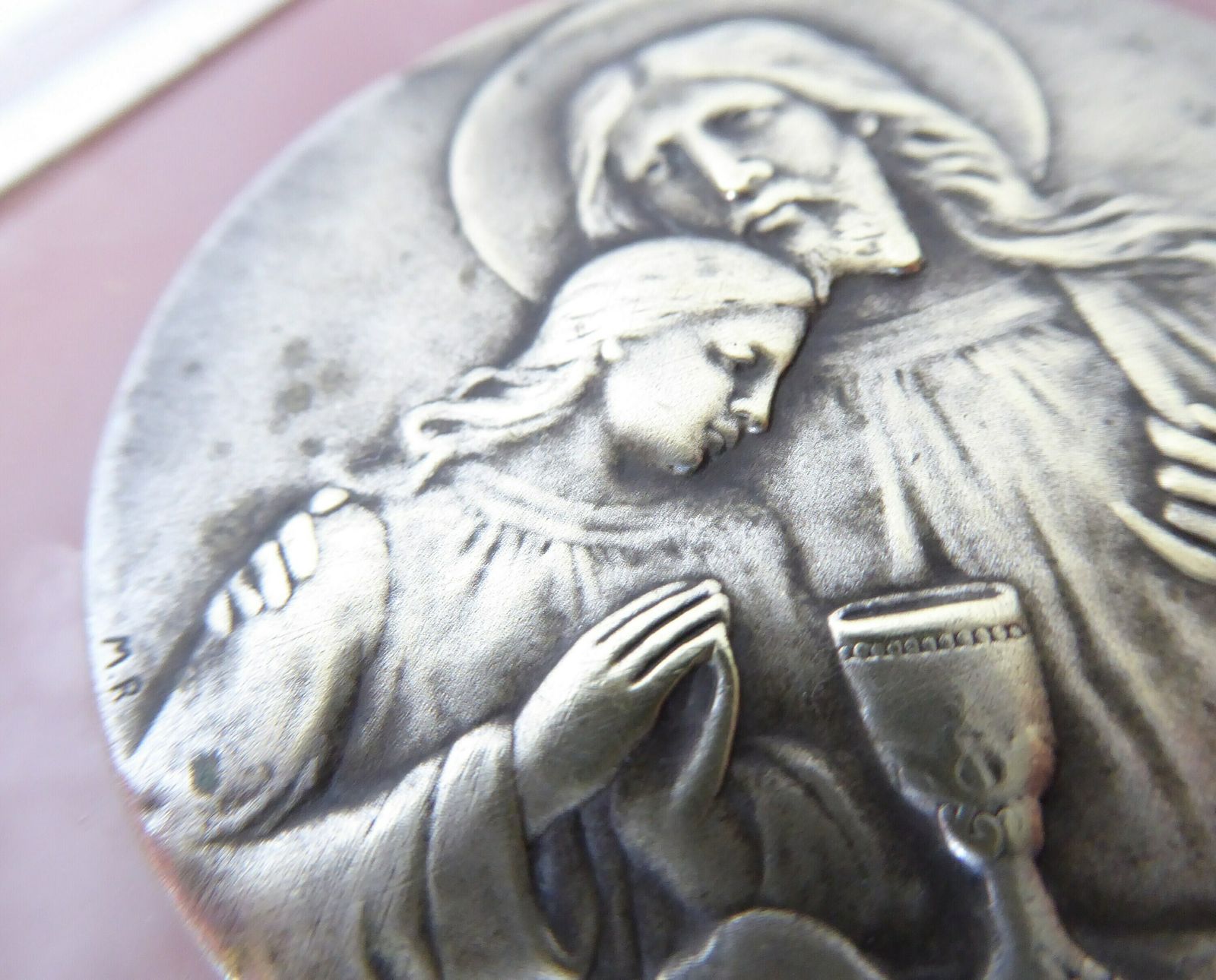 Rose Pink Quartz Religious Plaque By Félix Rasumny   French Vintage Religious Decor photo buy