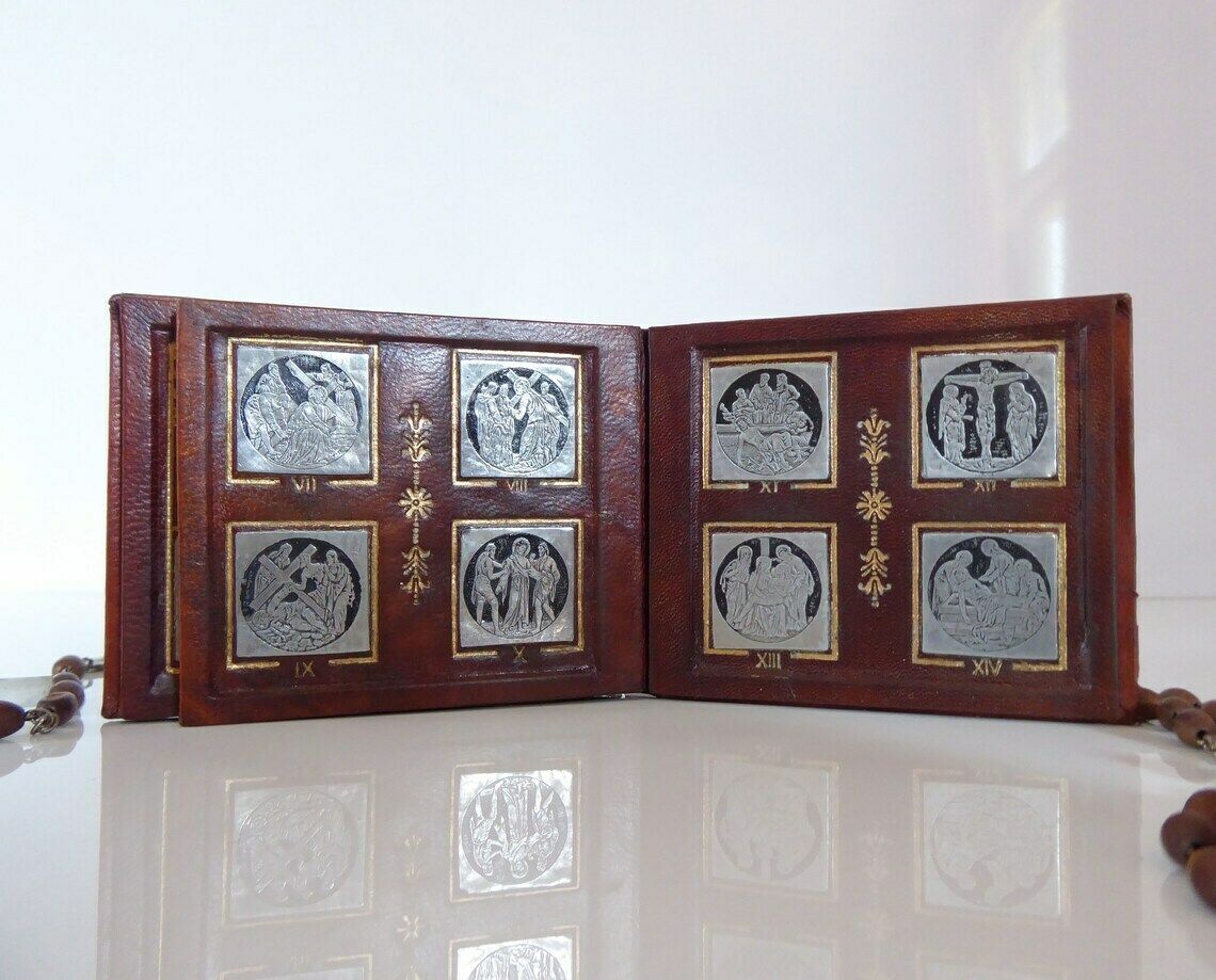 Stations Of The Cross Leather Shrine | Miniature Portable Stations Of The Cross | Way Of The Cross | Crucifixion Of Christ | Religious Gifts photo Home Decor