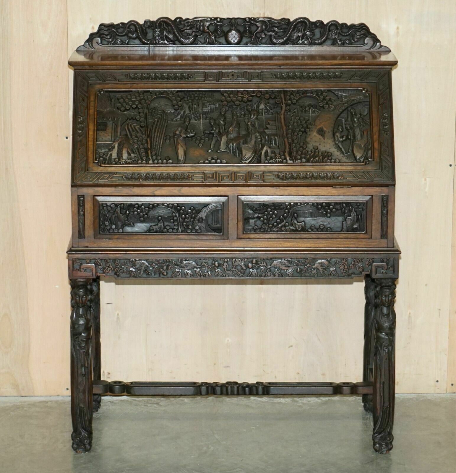 Antique Circa 1940's Hand Carved Chinese Bureau Writing Desk And Matching Armchair photo for sale
