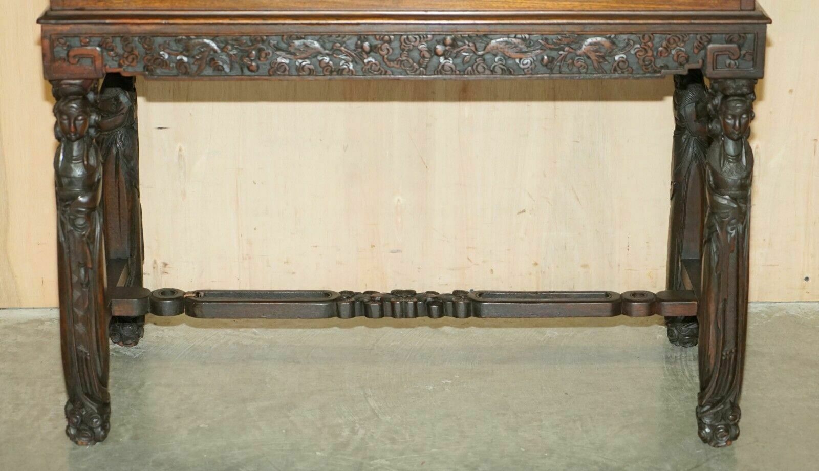Furniture Antique Circa 1940's Hand Carved Chinese Bureau Writing Desk And Matching Armchair photo