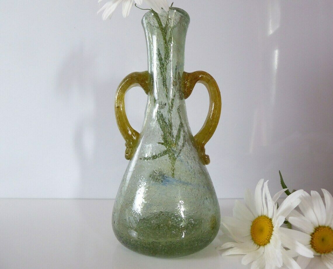 Bubble Glass Vase | Antique French Glass Vase | Green Glass Amphora Vase | Water Carafe photo buy