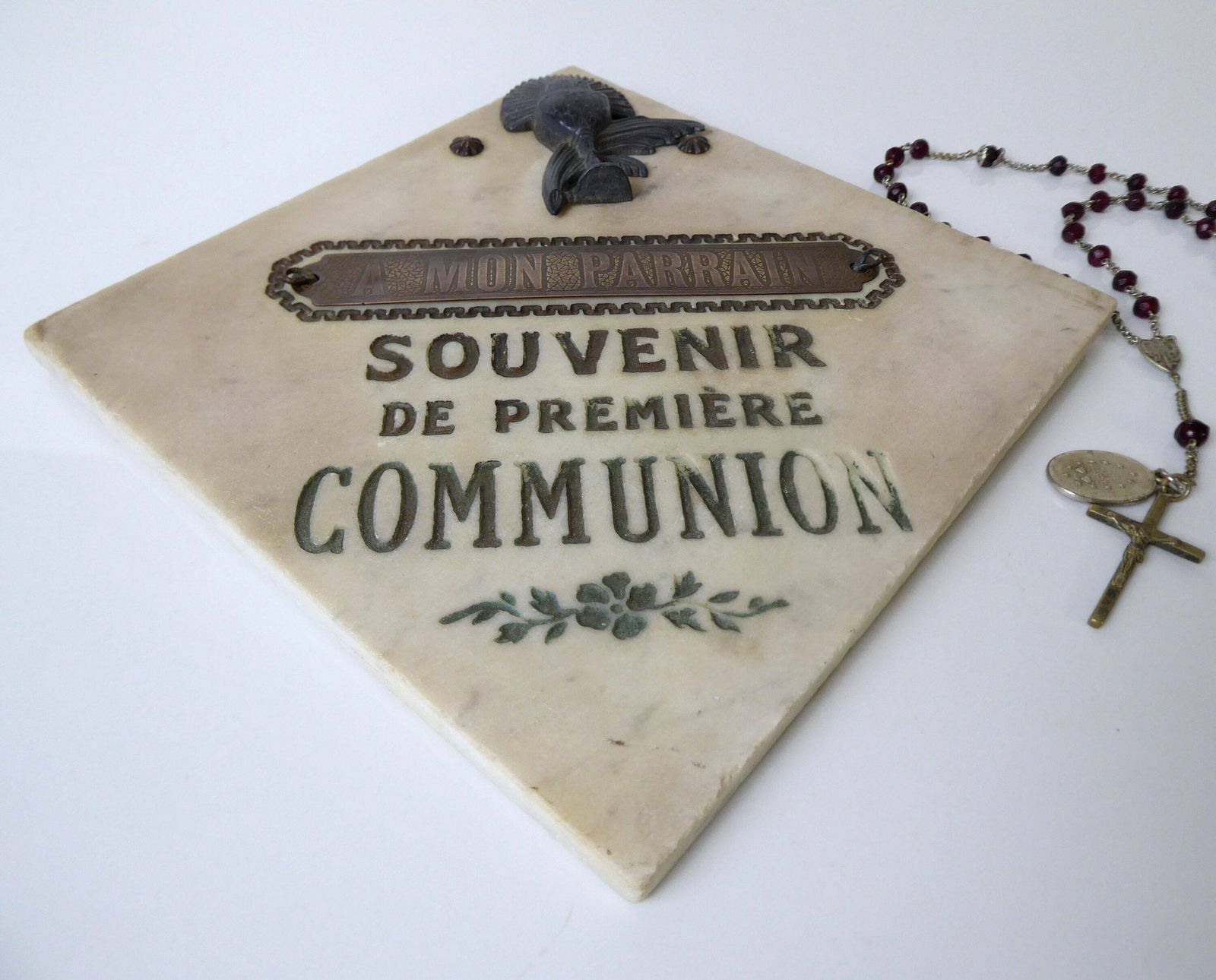 First Communion Souvenir | Antique French Religious Souvenir | Marble Plaque photo for sale