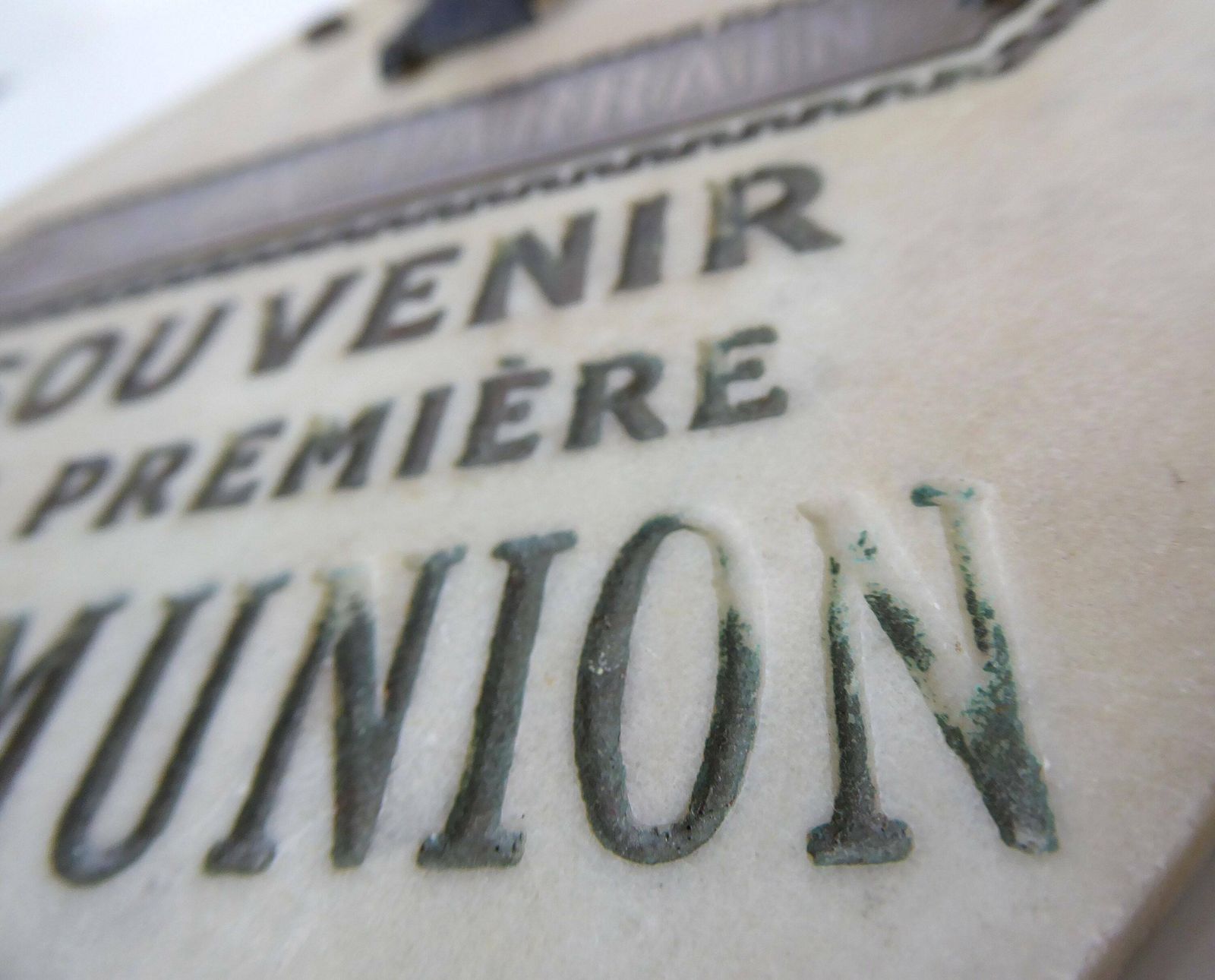First Communion Souvenir | Antique French Religious Souvenir | Marble Plaque photo vintage