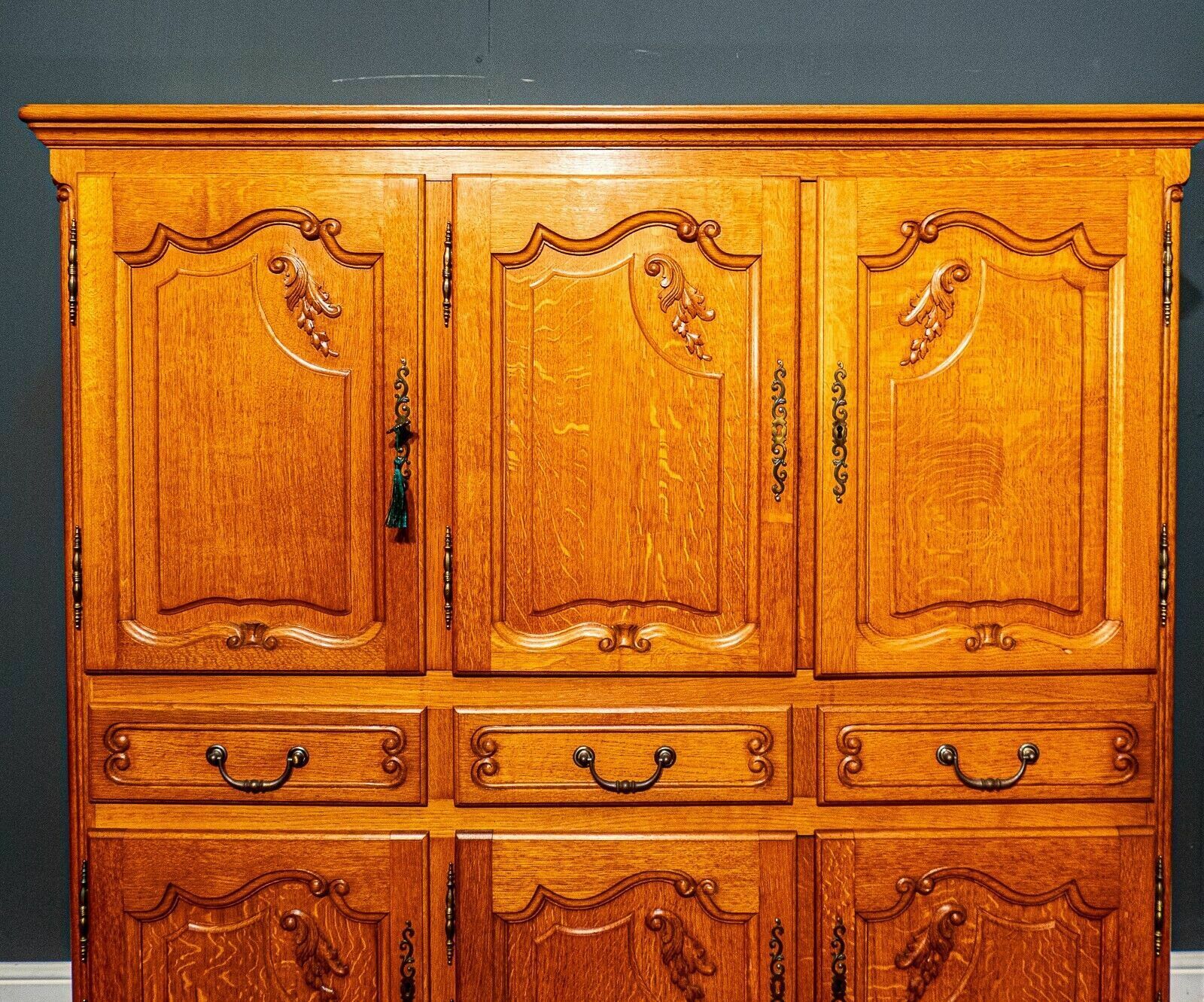 Large French Honey Oak Louis XV 6 Door Side Cabinet Internal Lights   B06 23 photo vinterior