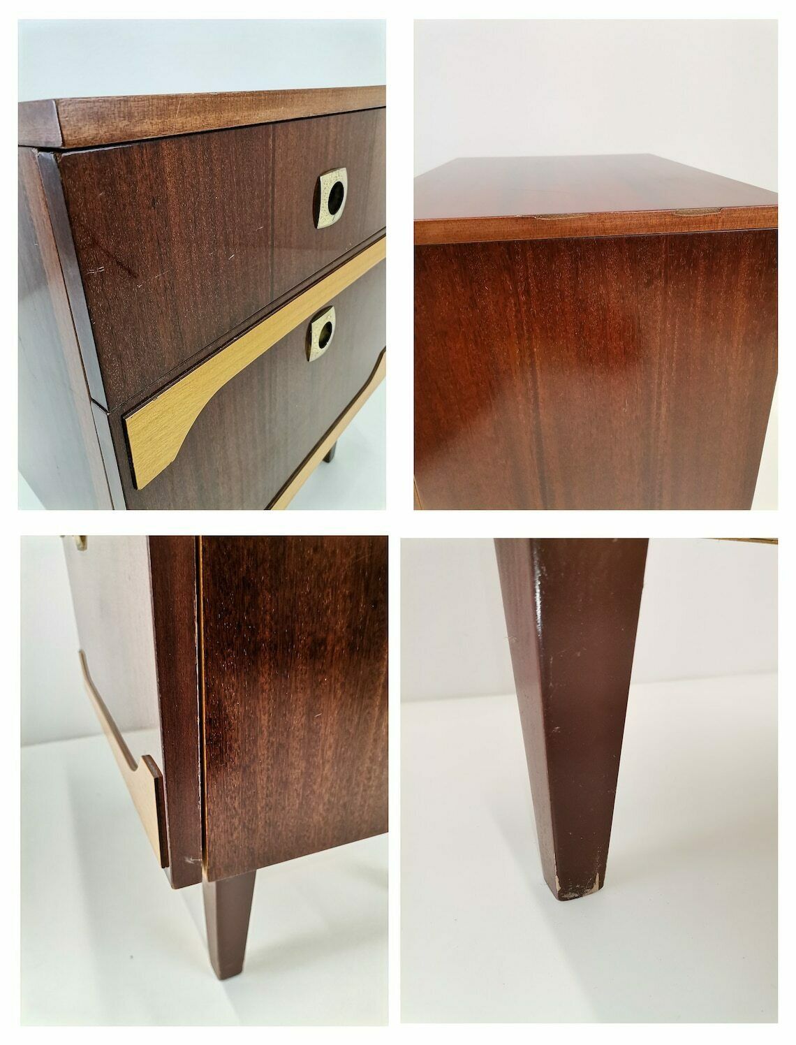 photo furniture Vintage Tall Nightstand  Mid Century Bedside Table With Two Toned Veneer  Console Table With 2 Drawers