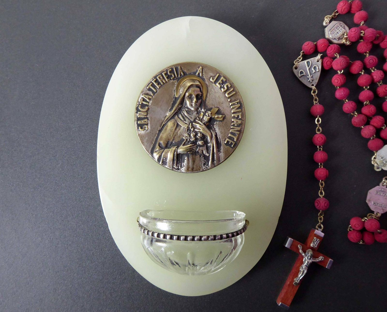 Marble Benitier With Medallion And Glass Holy Water Font | Antique French Religious Décor | Sainte Thérèse Of Lisieux