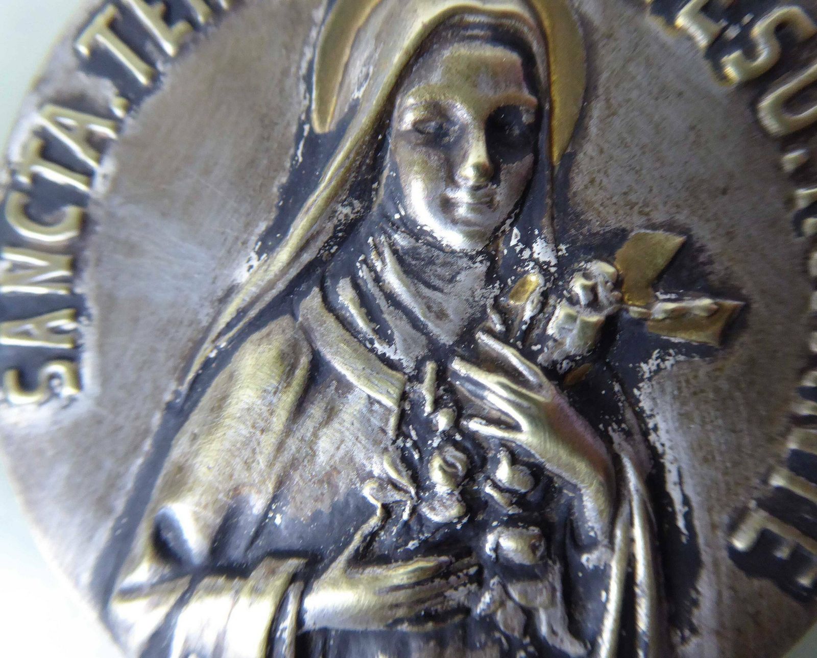 Marble Benitier With Medallion And Glass Holy Water Font | Antique French Religious Décor | Sainte Thérèse Of Lisieux photo for sale