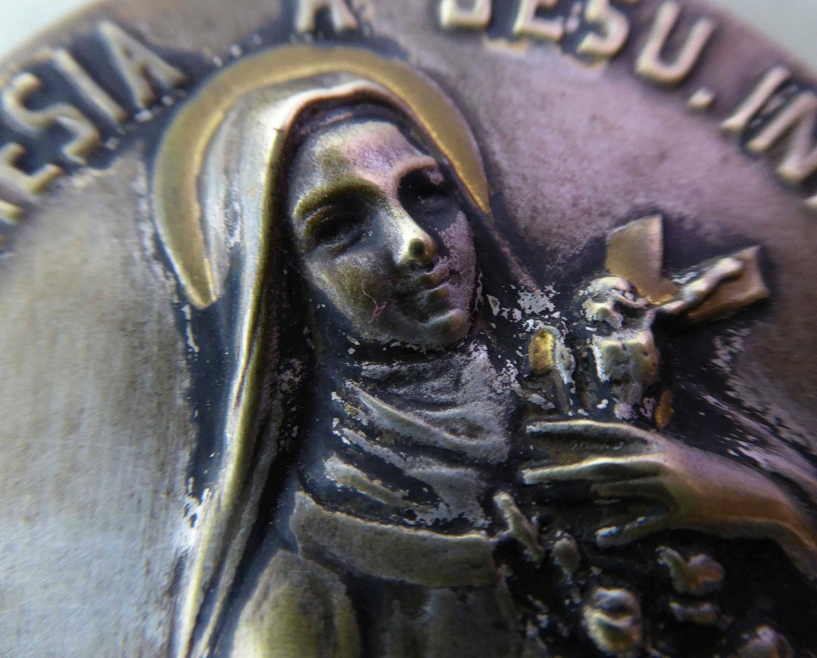 photo for sale Marble Benitier With Medallion And Glass Holy Water Font | Antique French Religious Décor | Sainte Thérèse Of Lisieux
