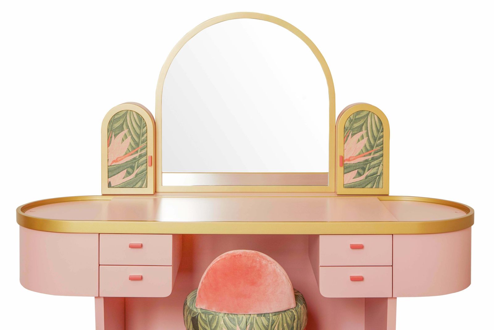 Pink Bedroom Vanity With Velvet Pouff photo vinterior