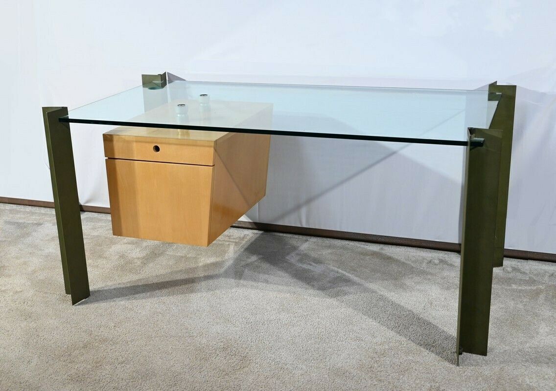 Bureau En Verre Et Sycomore, Par J.Rondineau Pour Le Cabinet Xi Design – Fin Xxe photo Furniture