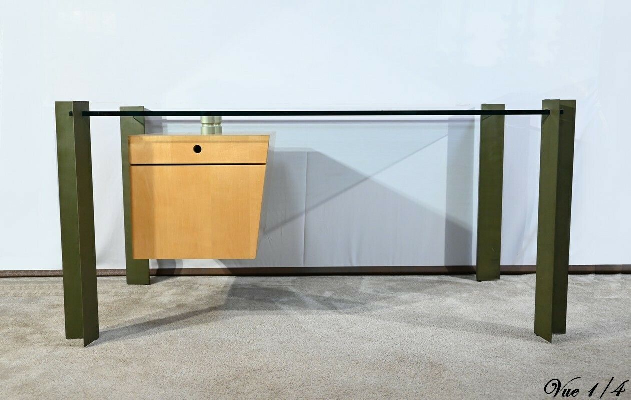 Bureau En Verre Et Sycomore, Par J.Rondineau Pour Le Cabinet Xi Design – Fin Xxe photo vinterior