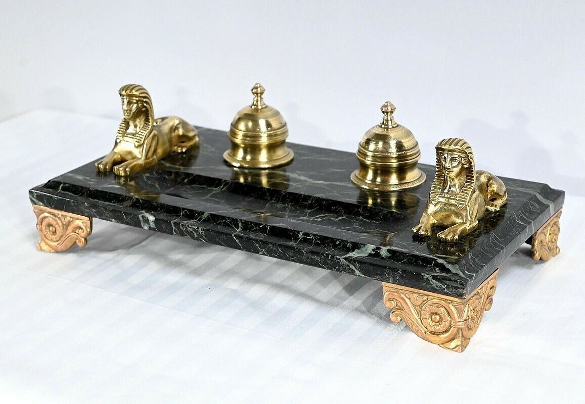 Inkwell In Bronze And Marble, Empire Style   1st Part Of The 19th Century photo for sale