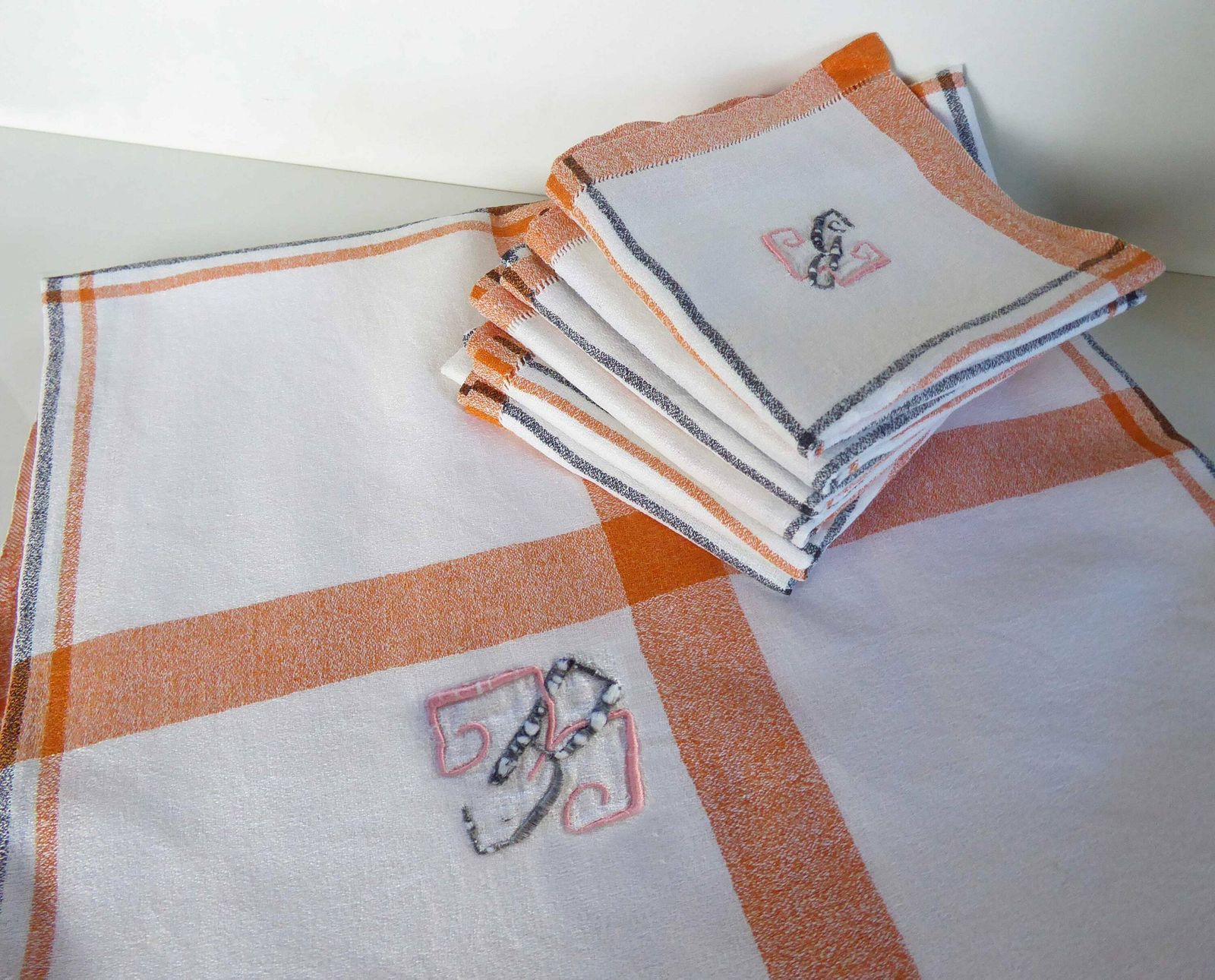 French Tablecloth And 6 Napkins   Set Of Table Linen   Basque Linen   Vintage Linen   Striped Table Linen   Monogrammed Linen