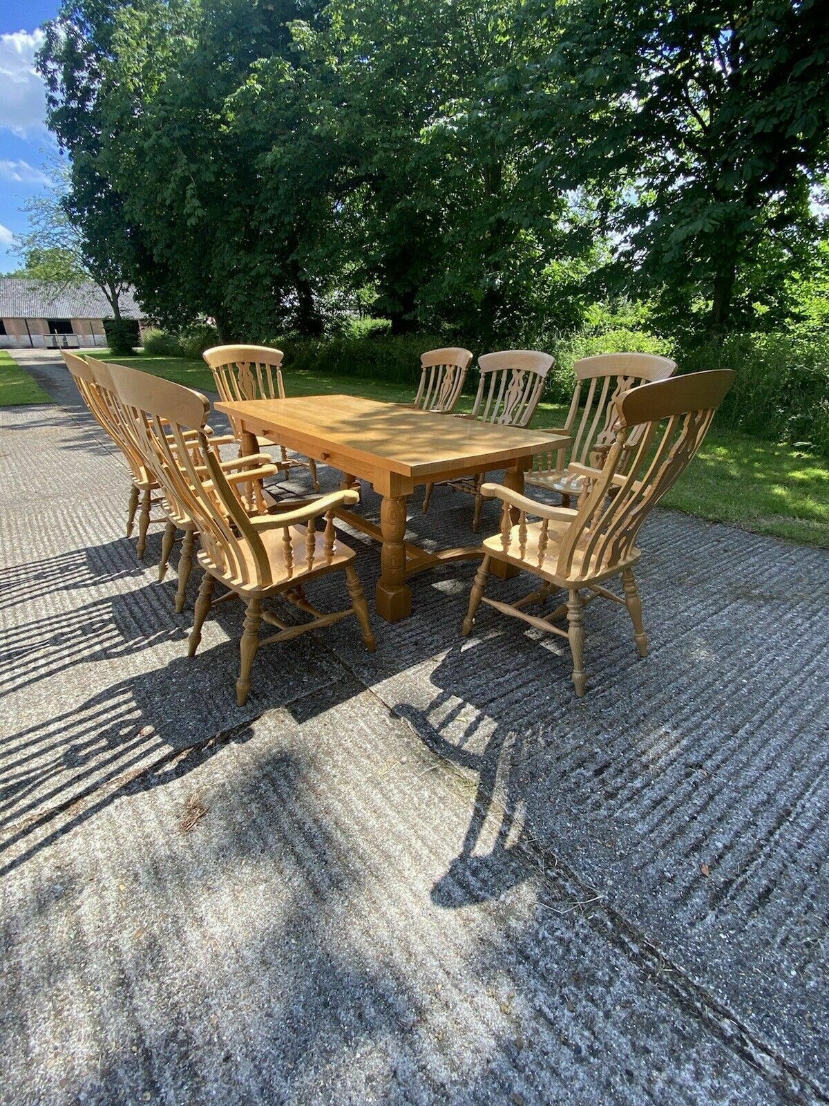 Modern Refactory Oak Country Dining Table & 8 Large Carvers   Seats 8  10 People photo for sale