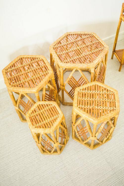 Nest Of 4 Rattan Hexagonal Side Tables / Stools / Plant Stands photo furniture