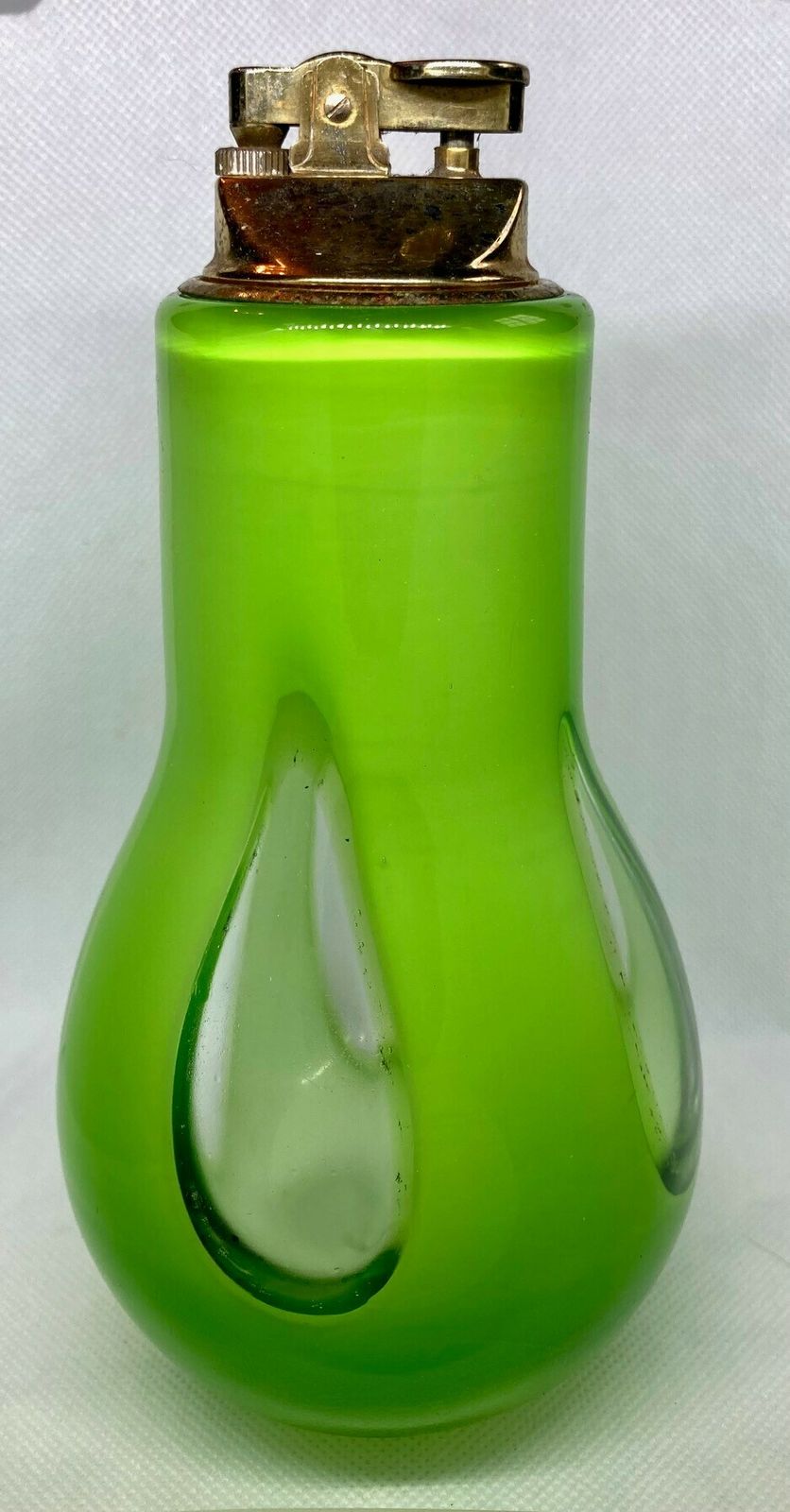 Stunning Murano Vintage 1950 Art Glass Bulb Shape Large Table Lighter Lime / White. Rare.