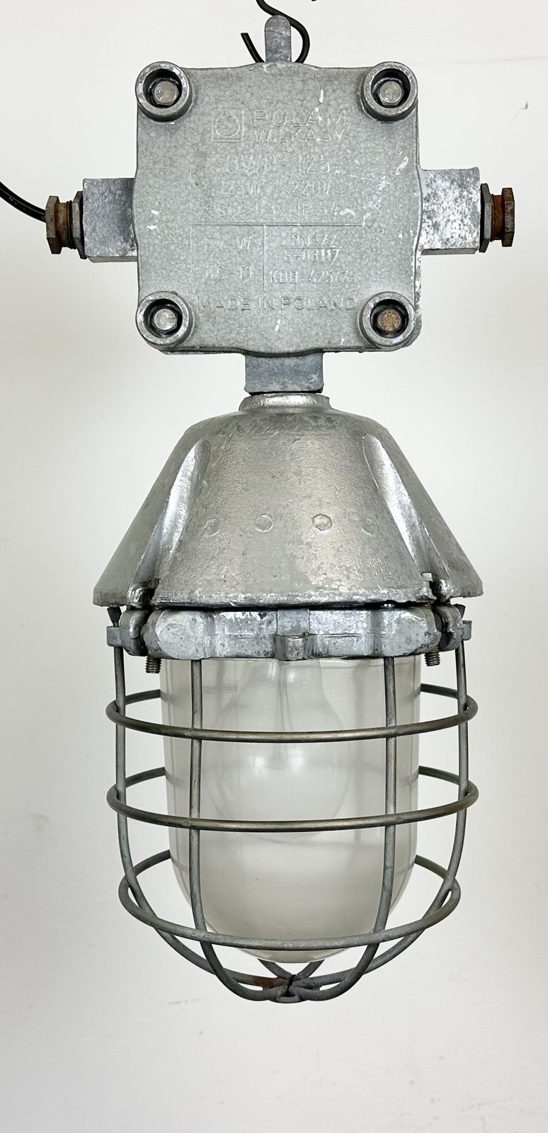 Large Industrial Cast Aluminium Cage Pendant Light From Polam Wilkasy, 1960s, 2x photo furniture