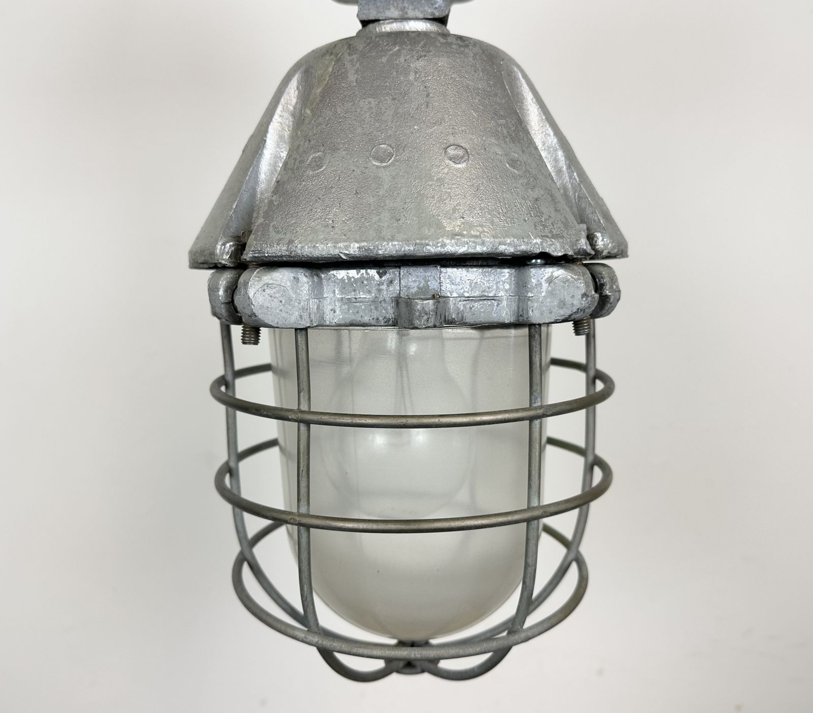 Large Industrial Cast Aluminium Cage Pendant Light From Polam Wilkasy, 1960s, 2x photo for sale