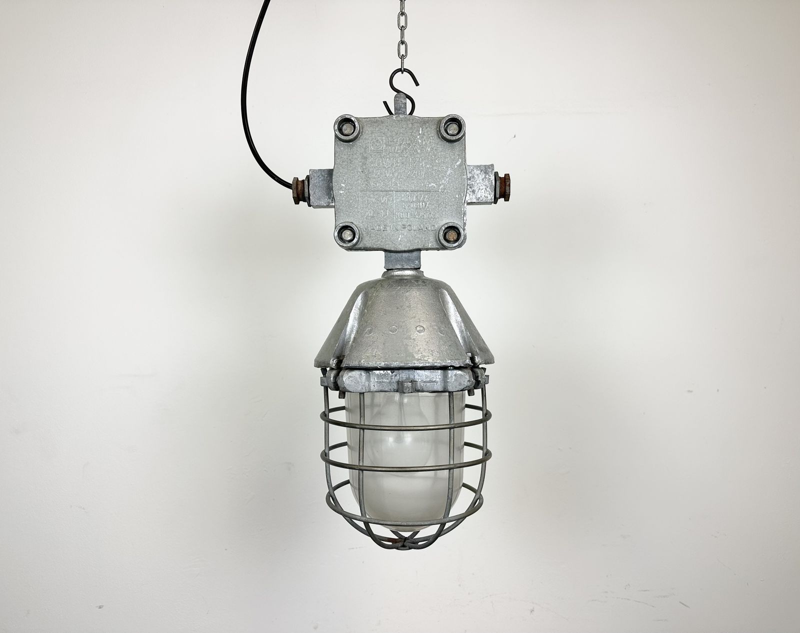 Large Industrial Cast Aluminium Cage Pendant Light From Polam Wilkasy, 1960s, 2x photo Lighting