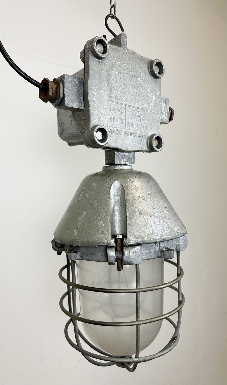 Large Industrial Cast Aluminium Cage Pendant Light From Polam Wilkasy, 1960s, 2x photo buy