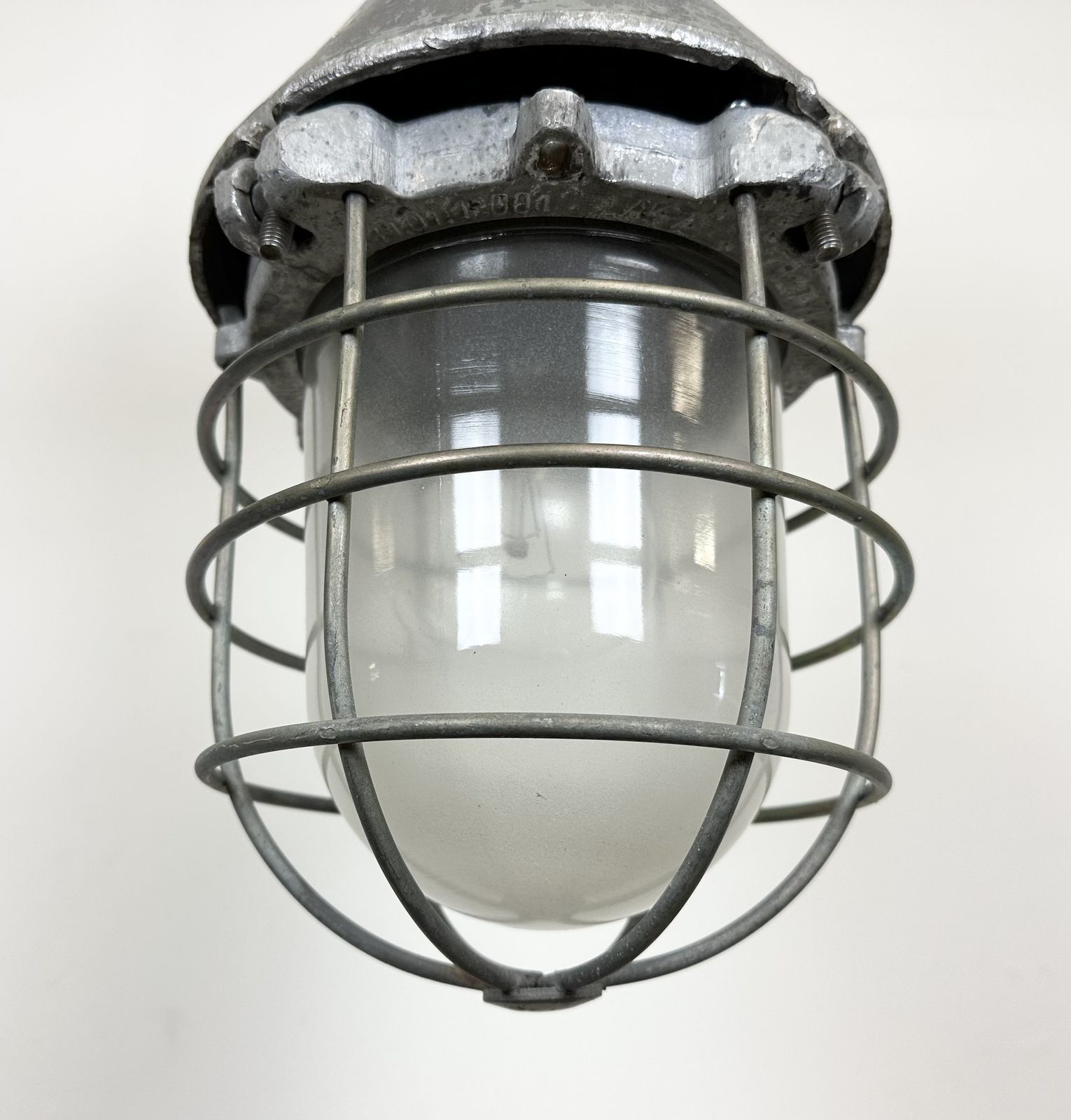 Large Industrial Cast Aluminium Cage Pendant Light From Polam Wilkasy, 1960s, 2x photo vintage