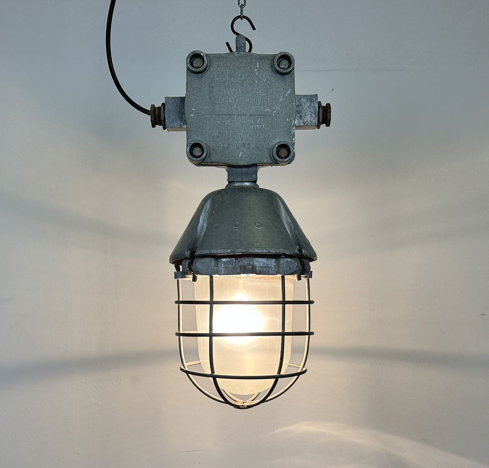 photo for sale Large Industrial Cast Aluminium Cage Pendant Light From Polam Wilkasy, 1960s, 2x