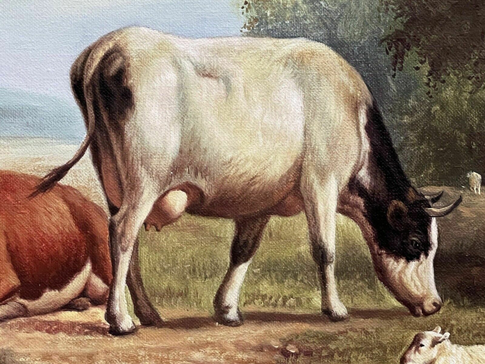 Fine Oil Painting Of Horned Cattle Grazing & Sheep In Landscape Signed Woodcock photo vintage