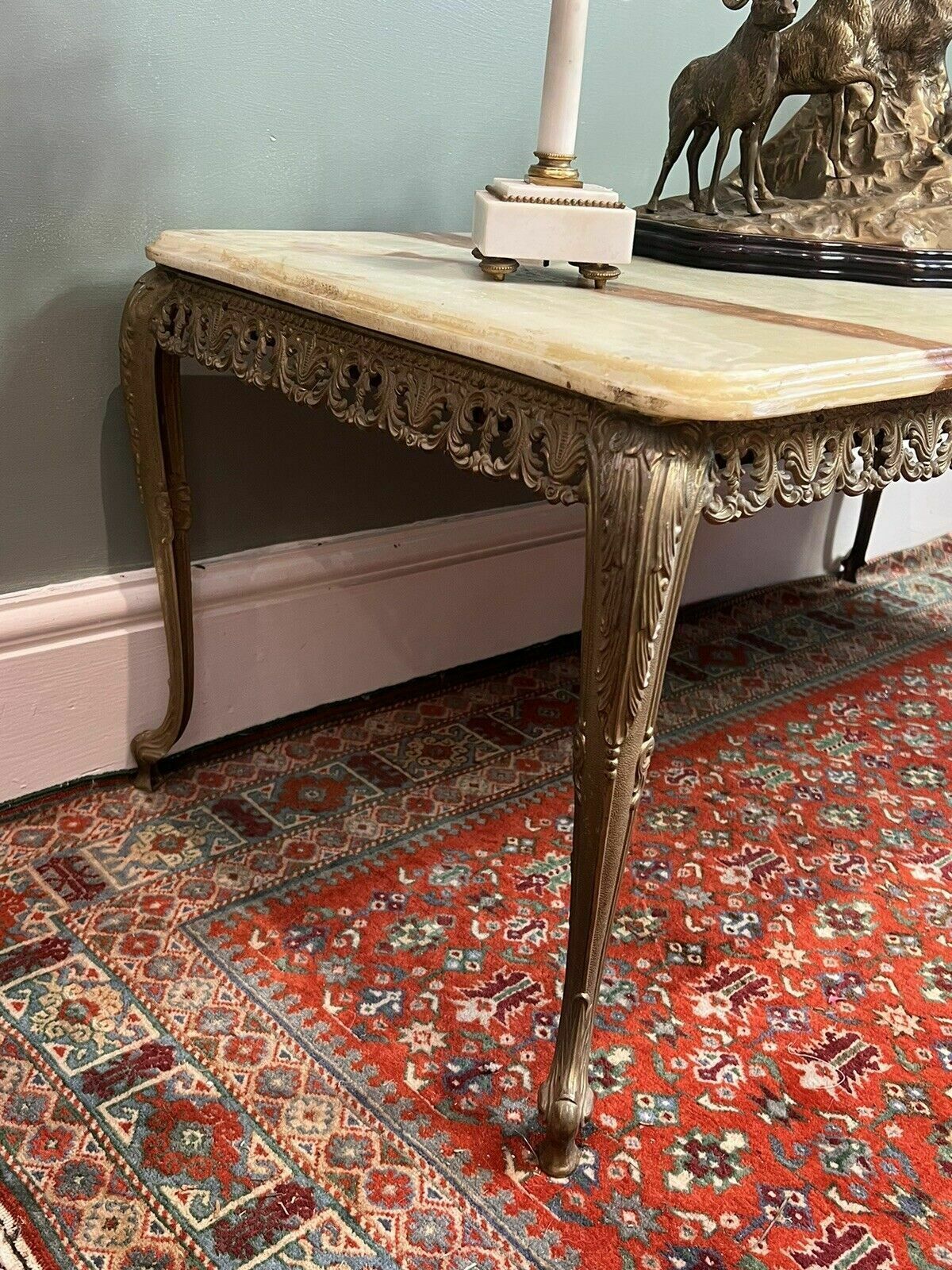French Louis XVI Style Onyx Marble And Brass Filigree Ormolu Coffee Centre Table photo vintage