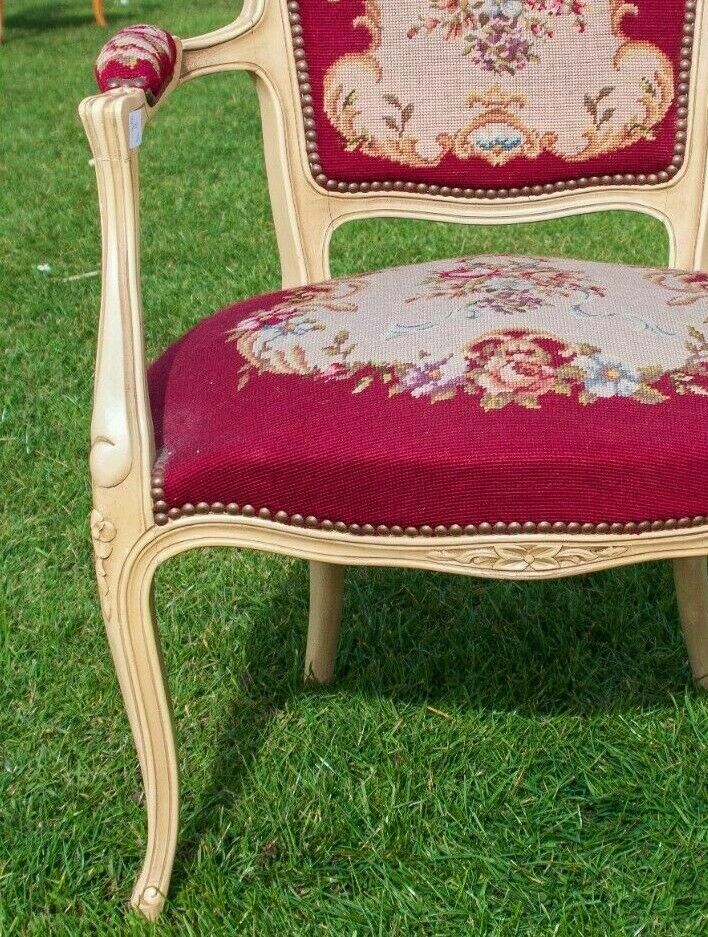 French Louis XV Painted Carved Oak Burgundy Floral Pattern Armchair photo for sale